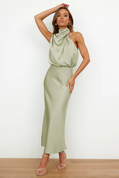 DIANA | Rochie lungă din satin cu decolteu tip halter
