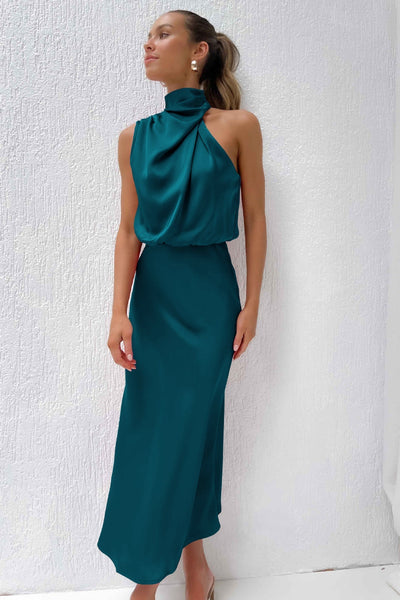 DIANA | Rochie lungă din satin cu decolteu tip halter