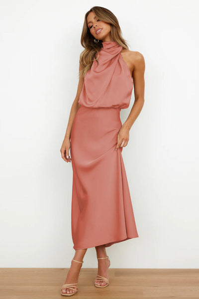 DIANA | Rochie lungă din satin cu decolteu tip halter