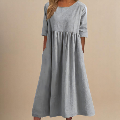 KATY | Rochie din in cu talie accentuată