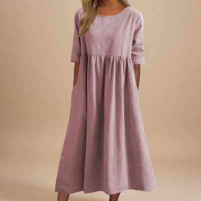 KATY | Rochie din in cu talie accentuată