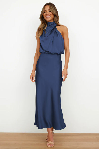 DIANA | Rochie lungă din satin cu decolteu tip halter
