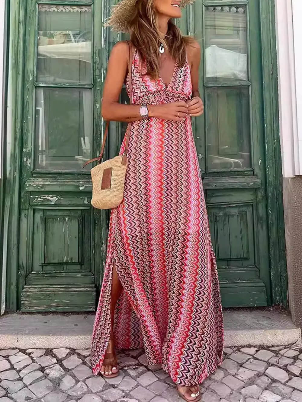 VERU | Rochie Maxi Boho cu Imprimeu și Decolteu în V cu Bretele