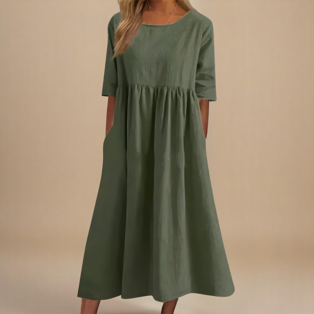 KATY | Rochie din in cu talie accentuată