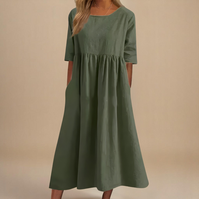 KATY | Rochie din in cu talie accentuată