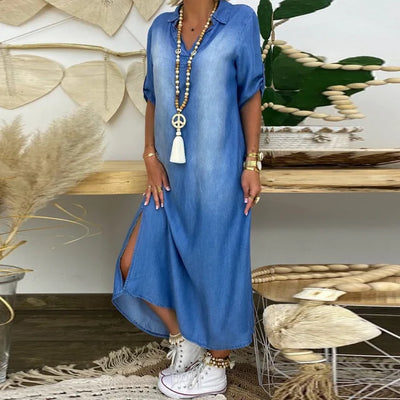 LEIA | Rochie lungă din denim cu deschideri laterale