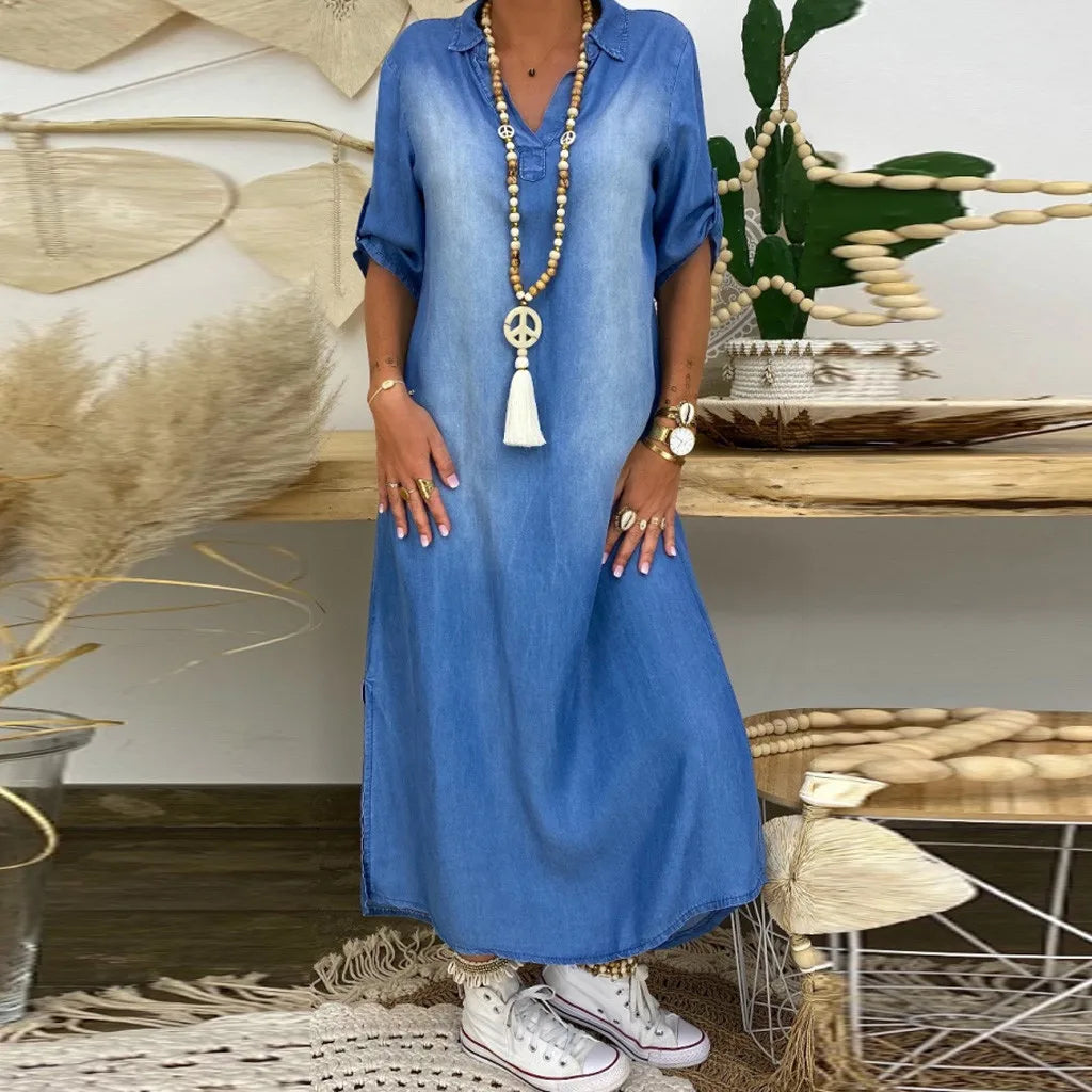 LEIA | Rochie lungă din denim cu deschideri laterale