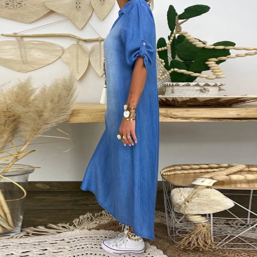LEIA | Rochie lungă din denim cu deschideri laterale