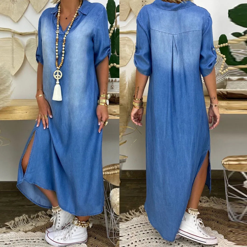 LEIA | Rochie lungă din denim cu deschideri laterale