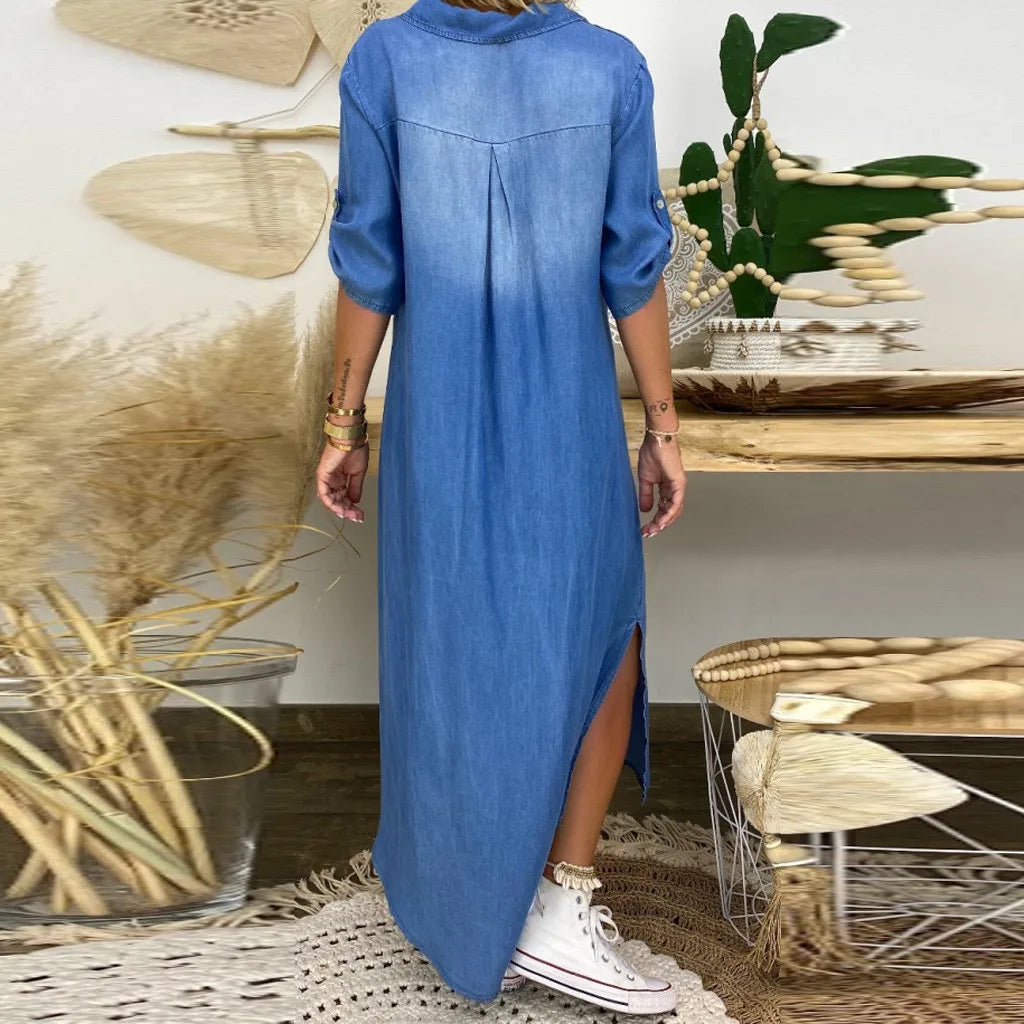 LEIA | Rochie lungă din denim cu deschideri laterale