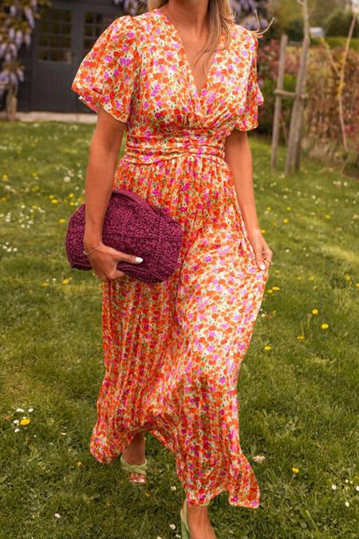 MYRA | Rochie Maxi Elegantă cu Motive Florale și Decolteu în V