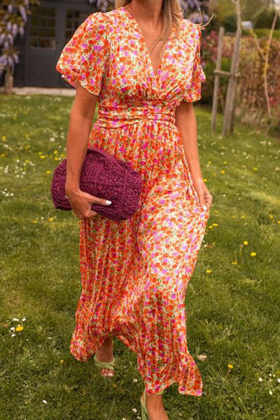 MYRA | Rochie Maxi Elegantă cu Motive Florale și Decolteu în V