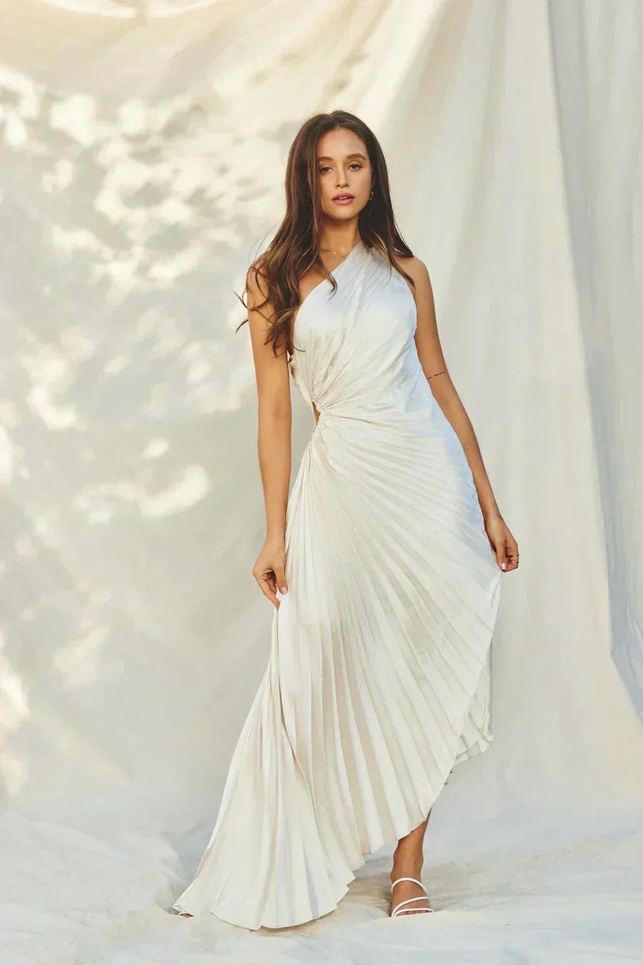 SYLVIANA | Rochie midi cu pliuri asimetrice pe un umăr