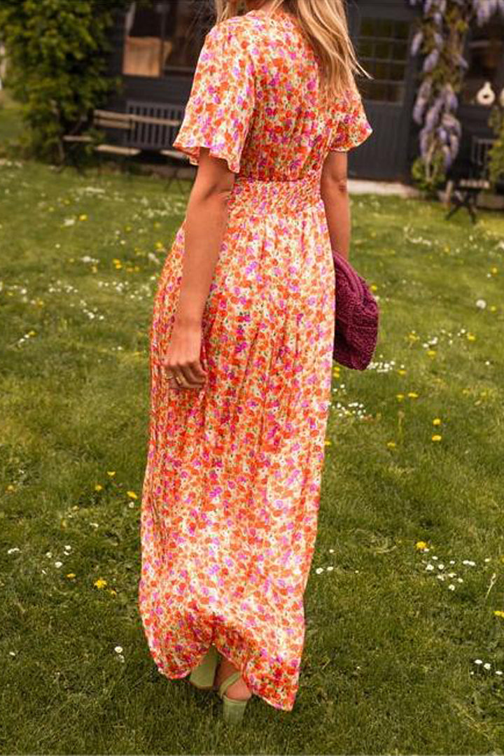 MYRA | Rochie Maxi Elegantă cu Motive Florale și Decolteu în V