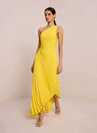 SYLVIANA | Rochie midi cu pliuri asimetrice pe un umăr