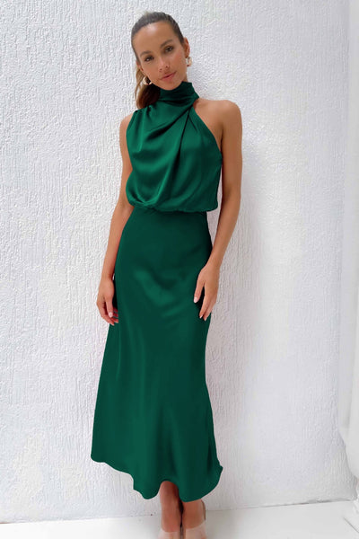 DIANA | Rochie lungă din satin cu decolteu tip halter