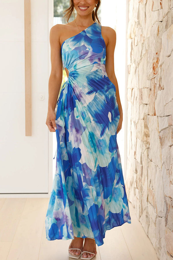 DEJA | Rochie maxi cu pliseuri pe un umăr și imprimeu floral