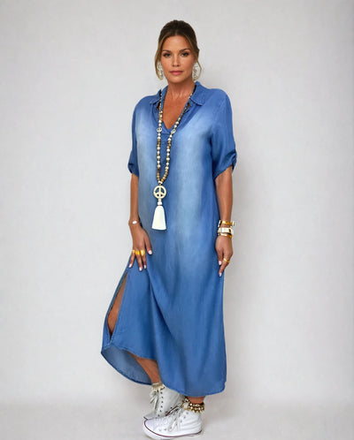 LEIA | Rochie lungă din denim cu deschideri laterale