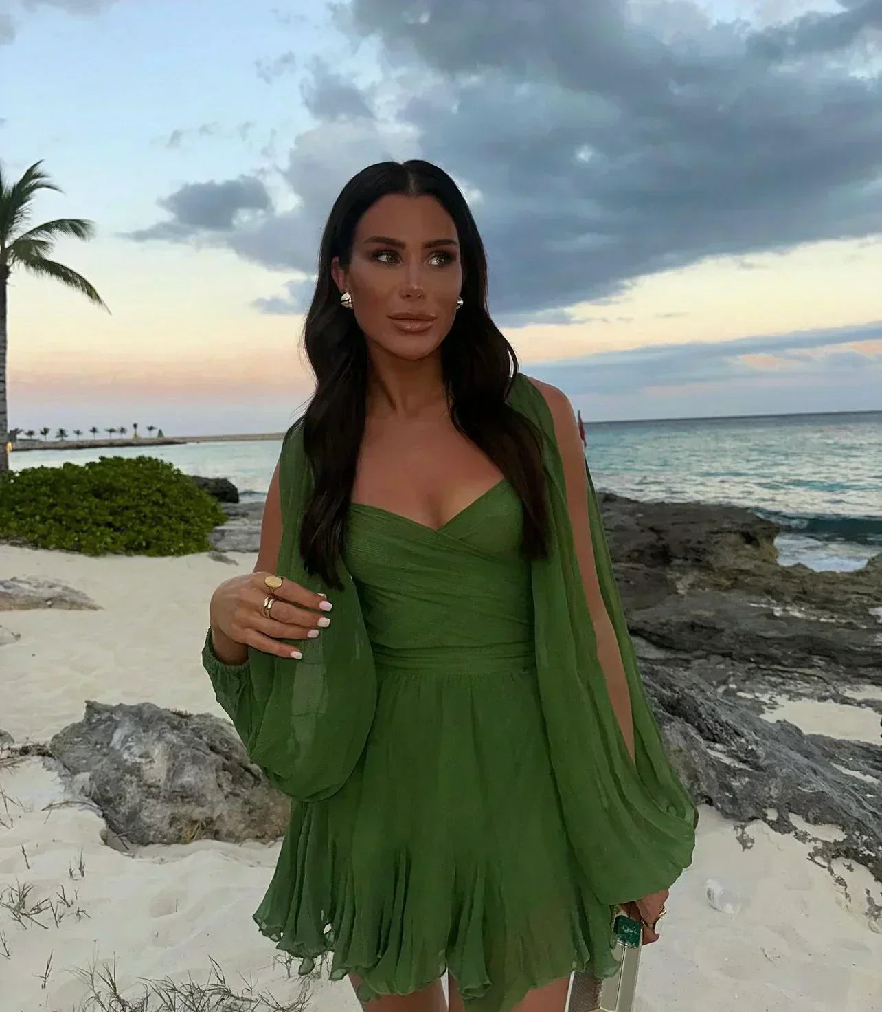 MARLENA | Rochie fluidă din chiffon cu mâneci transparente
