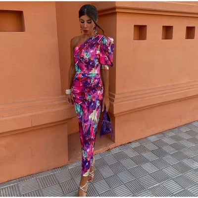 YILA | Rochie Midi pentru Femei cu Un Singur Bretele în Nuanta Violet