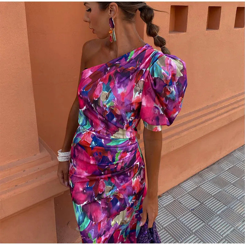 YILA | Rochie Midi pentru Femei cu Un Singur Bretele în Nuanta Violet
