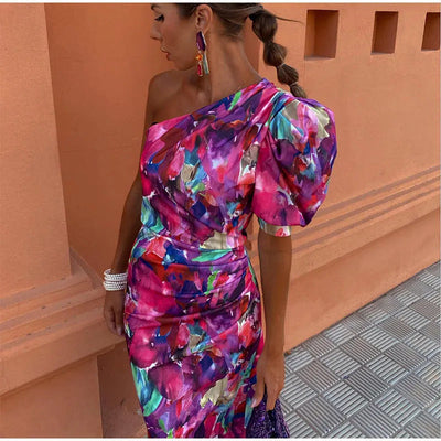 YILA | Rochie Midi pentru Femei cu Un Singur Bretele în Nuanta Violet