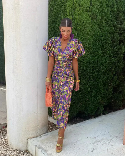 SIMONA | Rochie elegantă cu decolteu în V și mâneci bufante