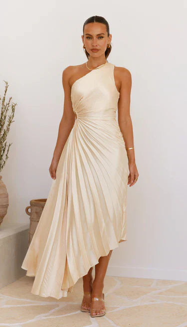 SYLVIANA | Rochie midi cu pliuri asimetrice pe un umăr