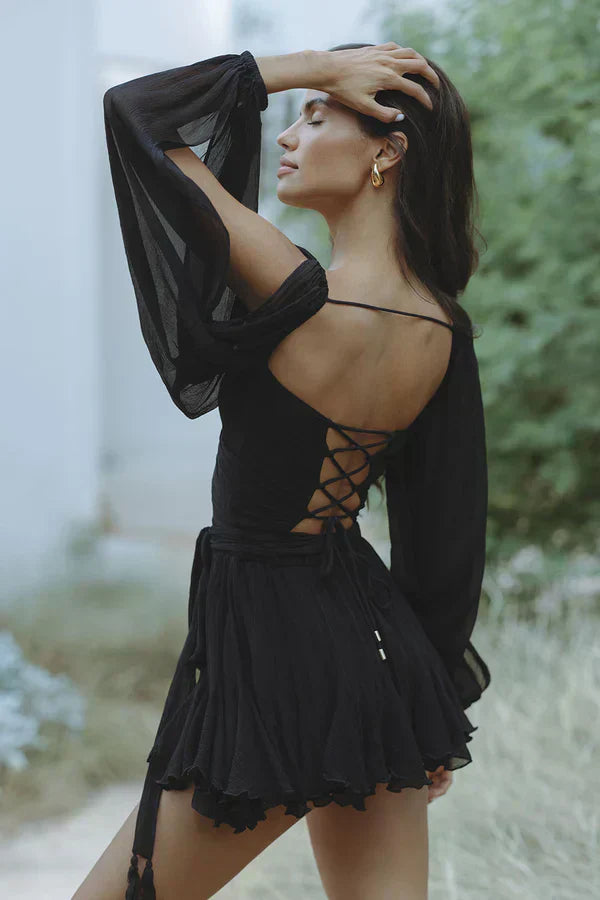 MARLENA | Rochie fluidă din chiffon cu mâneci transparente