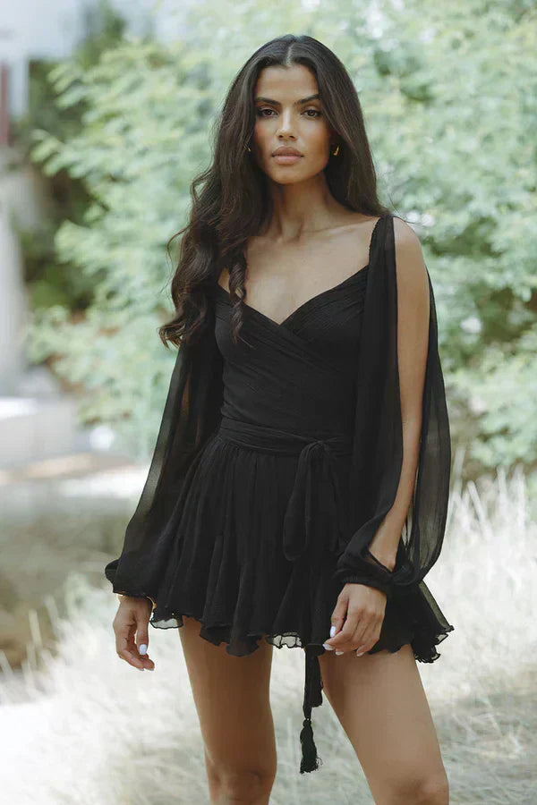 MARLENA | Rochie fluidă din chiffon cu mâneci transparente