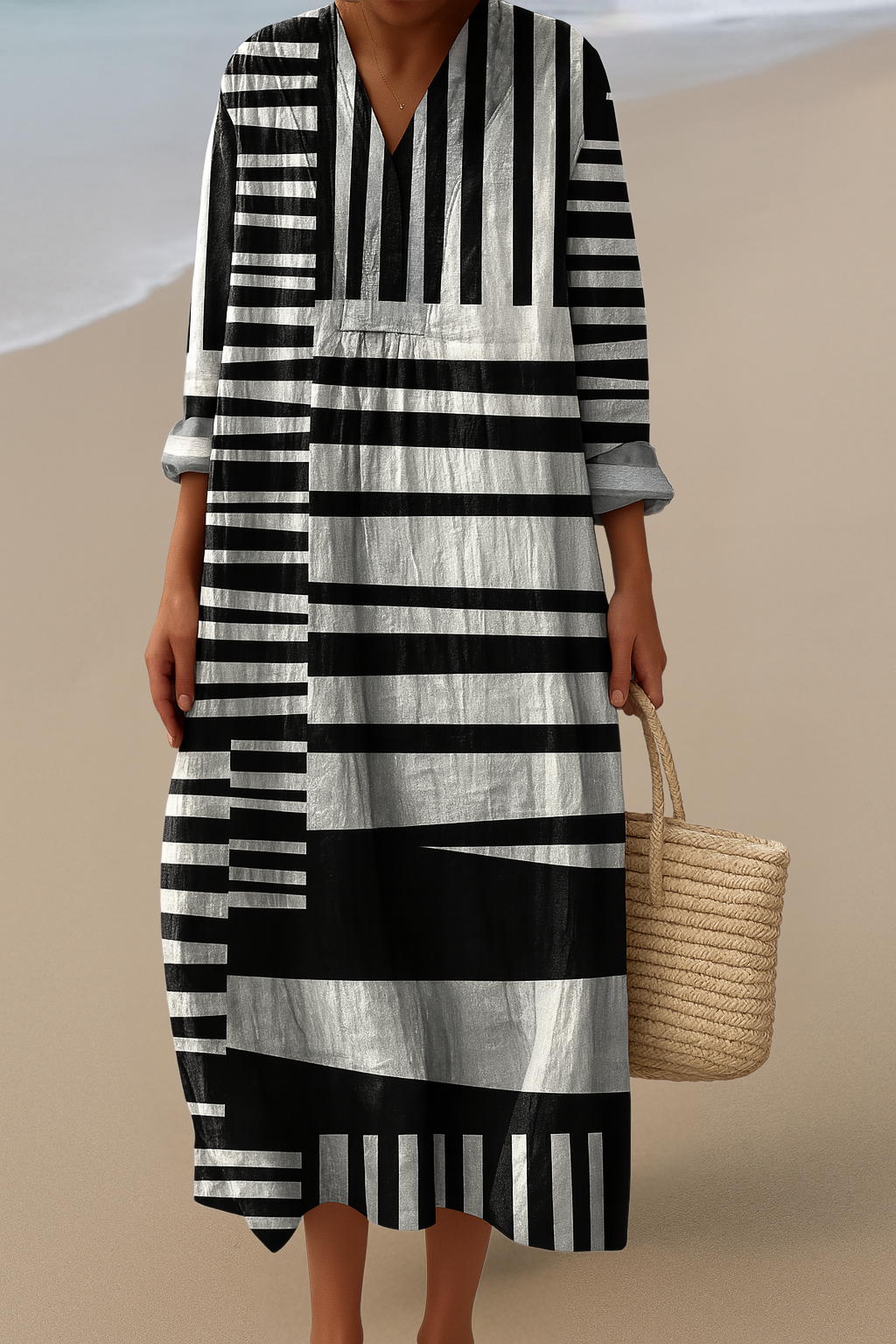 SOFIE | Rochie Maxi Monocromă – Eleganță Simplă cu Contrast Îndrăzneț