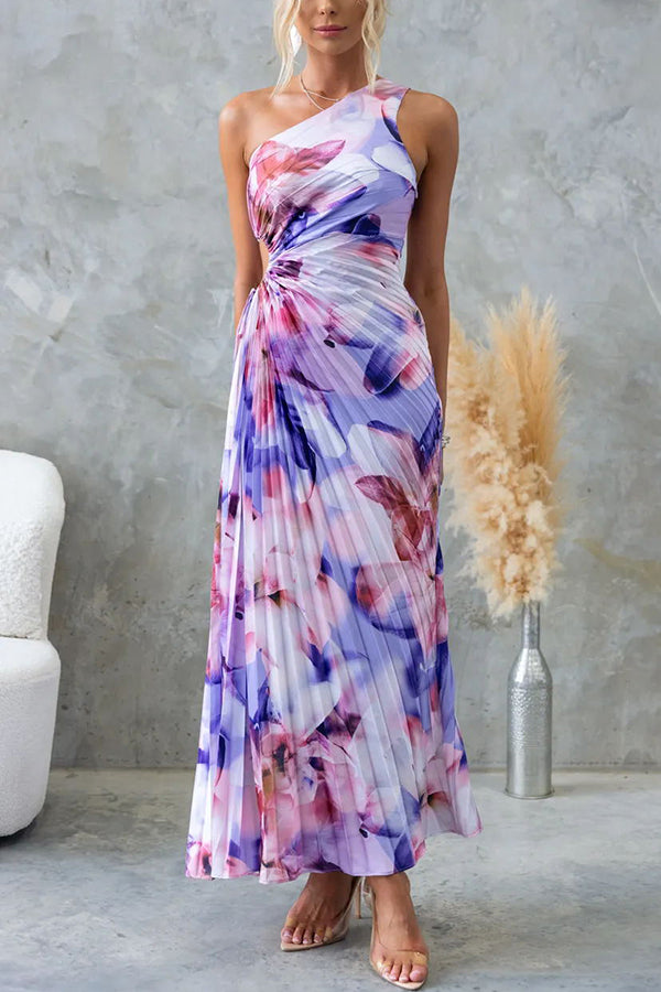 DEJA | Rochie maxi cu pliseuri pe un umăr și imprimeu floral
