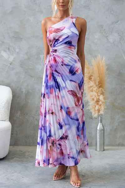 DEJA | Rochie maxi cu pliseuri pe un umăr și imprimeu floral
