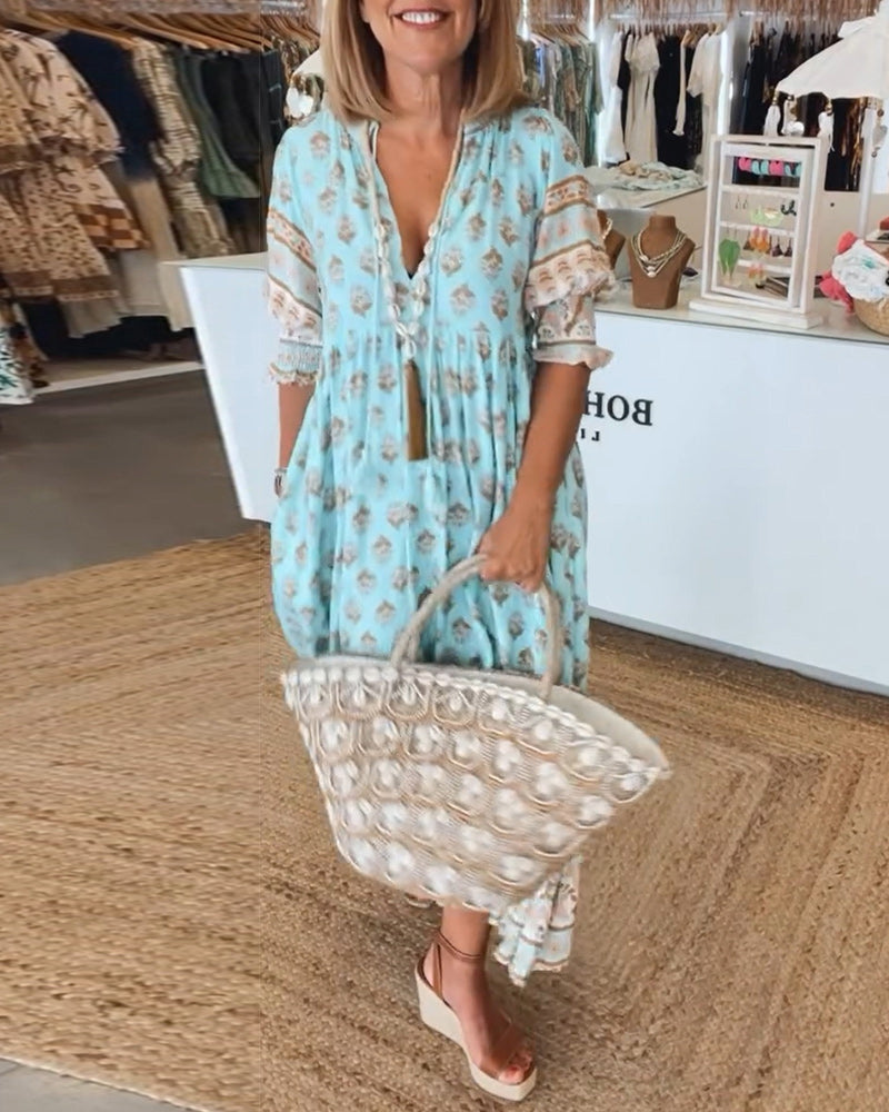 HALINA | Rochie boho lungă cu mâneci tip lanternă