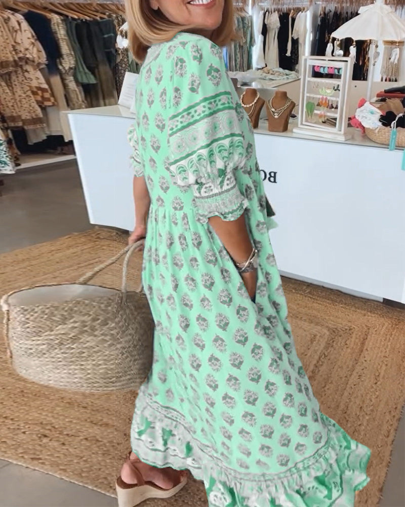 HALINA | Rochie boho lungă cu mâneci tip lanternă