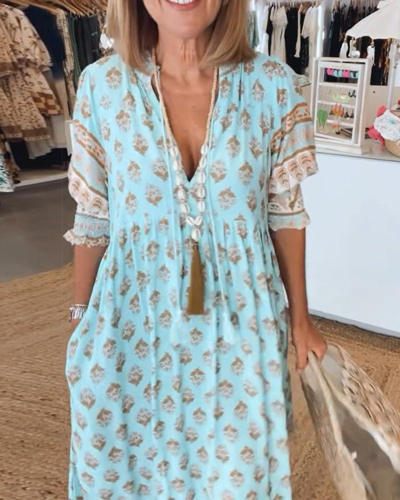 HALINA | Rochie boho lungă cu mâneci tip lanternă