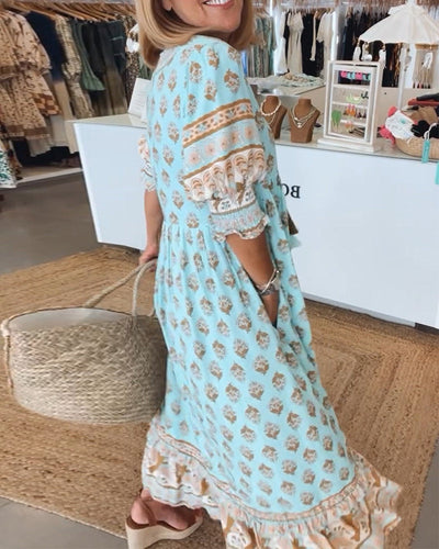 HALINA | Rochie boho lungă cu mâneci tip lanternă