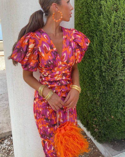 SIMONA | Rochie elegantă cu decolteu în V și mâneci bufante