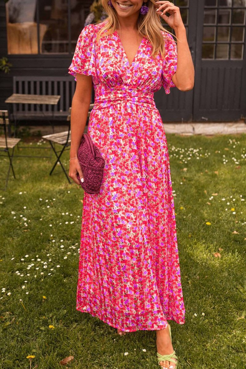 MYRA | Rochie Maxi Elegantă cu Motive Florale și Decolteu în V