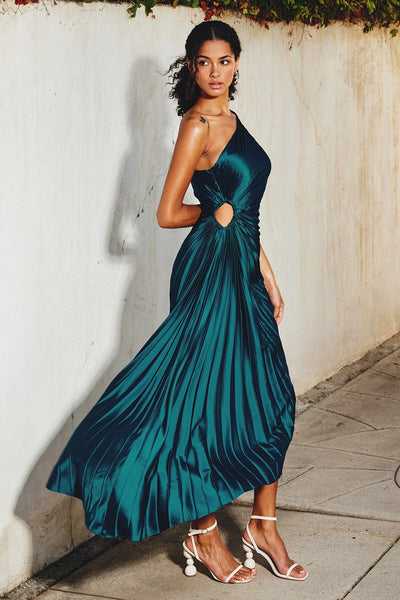 SYLVIANA | Rochie midi cu pliuri asimetrice pe un umăr