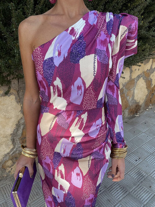 YILA | Rochie Midi pentru Femei cu Un Singur Bretele în Nuanta Violet