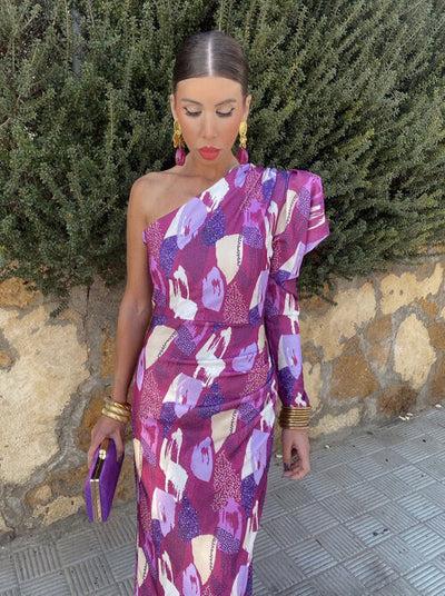 YILA | Rochie Midi pentru Femei cu Un Singur Bretele în Nuanta Violet