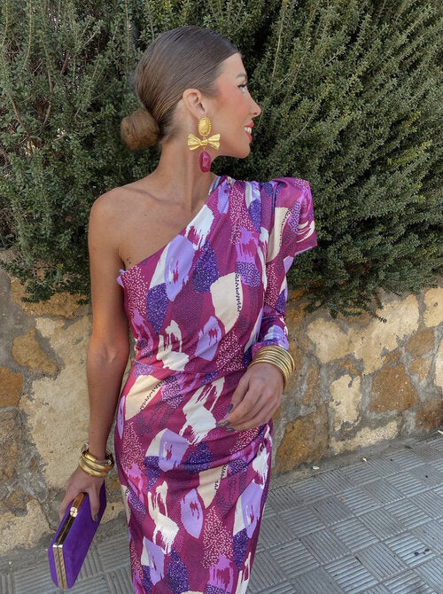 YILA | Rochie Midi pentru Femei cu Un Singur Bretele în Nuanta Violet